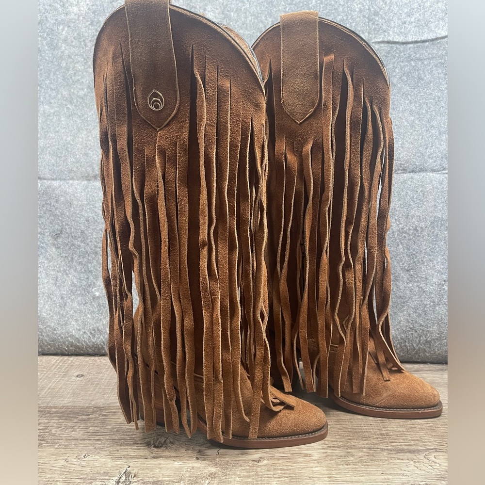 Brother Brown Suede Fringe Heeled Boots - Picture 2 of 14